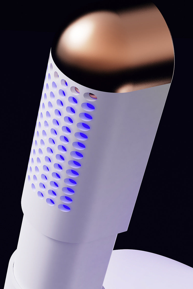 Close-up of modern white microphone with gold top and blue illuminated perforated grille on black background
