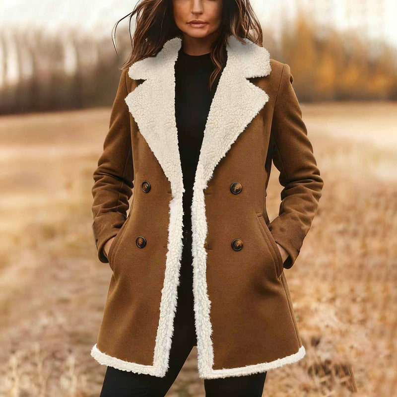 Women’s Suede-Look Double-Breasted Trench Coat with Plush Lining & Pockets