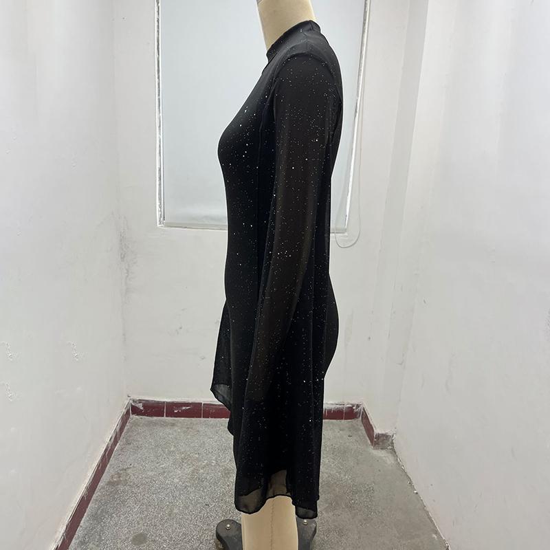 Women’s Glitter Bodycon Mini Dress with Mock Neck & Cloak Sleeves – Party & Evening Cocktail Dress