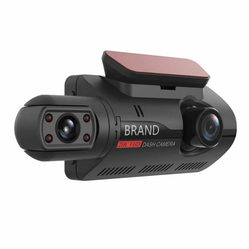Black dual-lens 2HC FHD dash camera with infrared LEDs and red mounting bracket