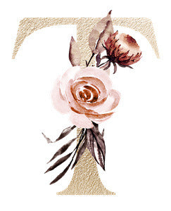 Gold textured letter T decorated with pink and brown watercolor roses and leaves