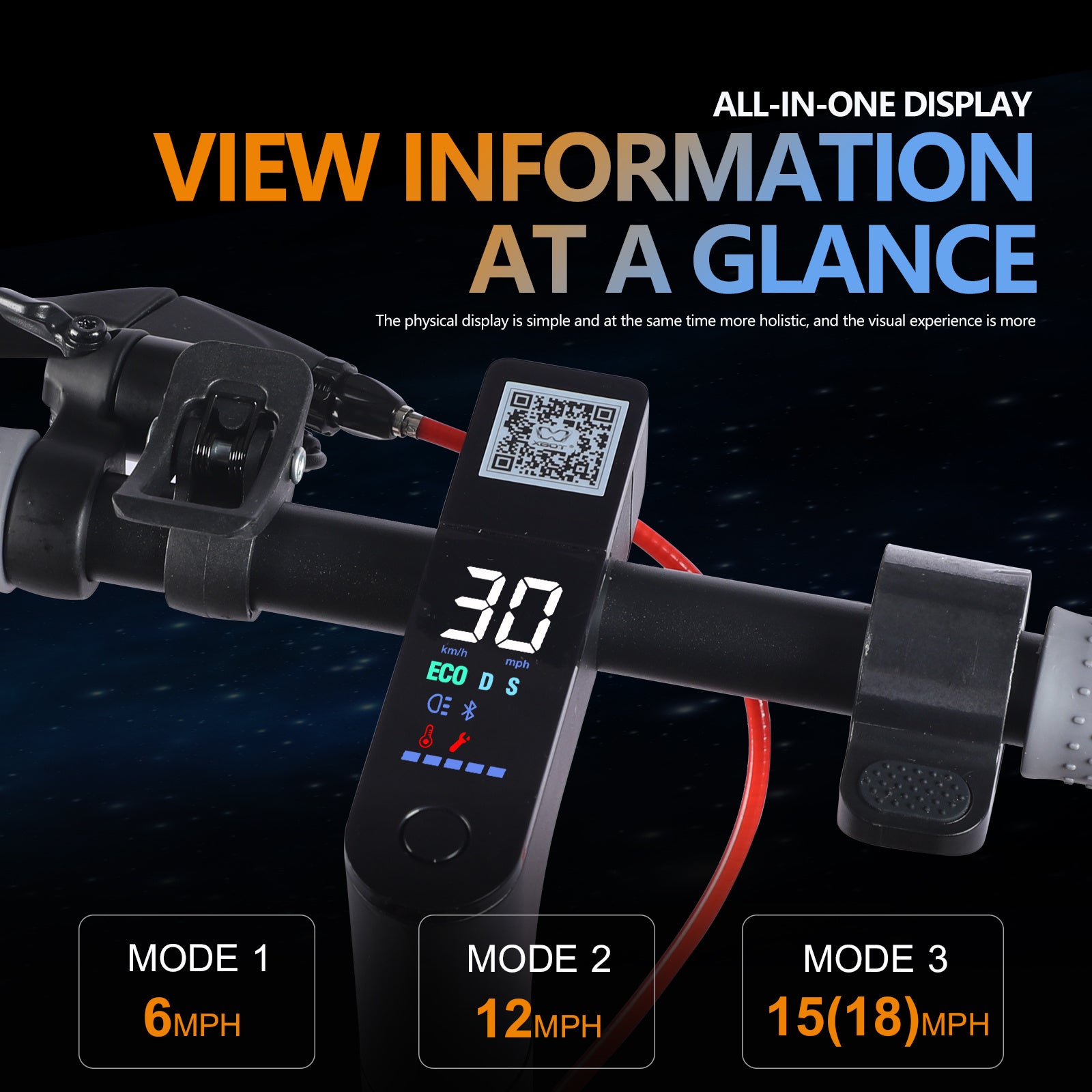 Electric scooter handlebar with all-in-one digital display showing speed, modes, and connectivity