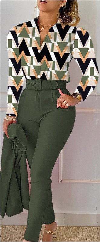 NEW Printed Long-sleeved Top Solid Color Pants Suit With Belt