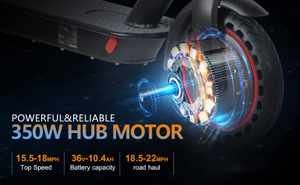Electric scooter rear wheel with glowing 350W hub motor and specs for top speed and battery capacity