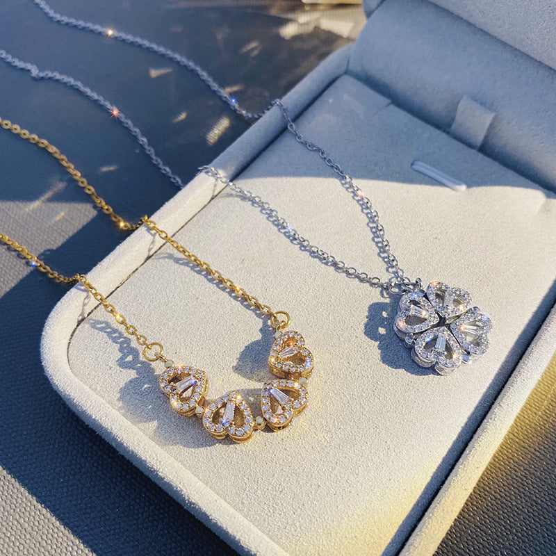 NEW Retro Magnetic Folding Heart Shaped Four Leaf Clover Pendant Necklace Women Love Clavicle Chain Gifts Openable Choker Jewelry