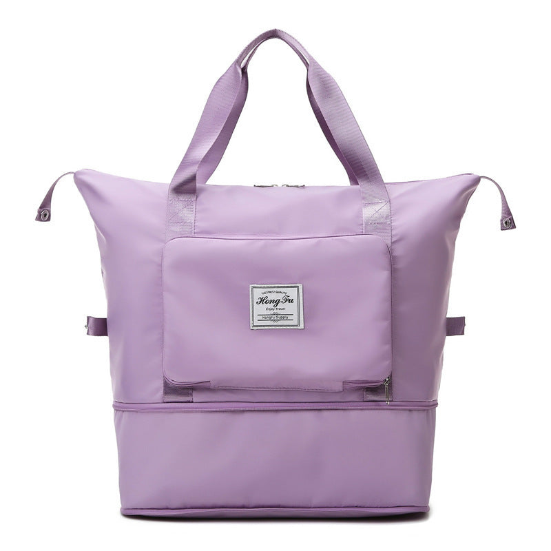 Lavender purple tote bag with dual handles, front pocket, and zipper details