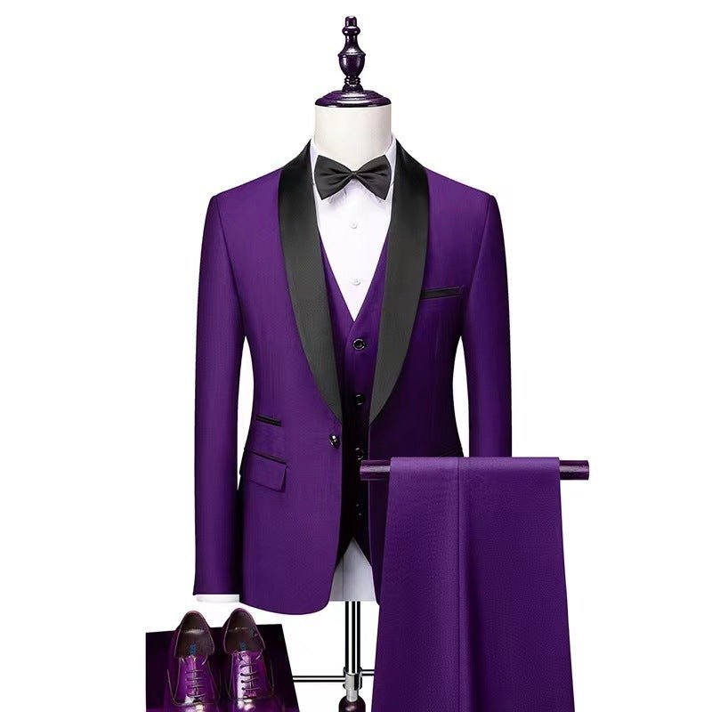 Purple men's three-piece wedding suit set with black lapel, white shirt, black bow tie, matching shoes, and pants