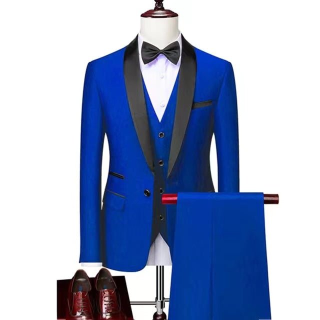 men's royal blue three-piece suit with black lapel, white shirt, black bow tie, matching blue pants, and brown dress shoes