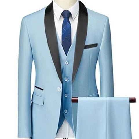 Men's light blue three-piece wedding suit with black satin lapel and matching trousers
