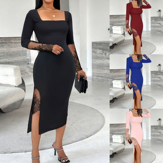 Women’s Square Neck Lace Bodycon Midi Dress with Slit – Elegant Formal Party Dress