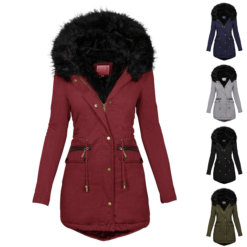 Women’s Casual Mid-Length Cotton-Padded Coat – Warm Polyester Jacket with Long Sleeves &amp; Straight Fit