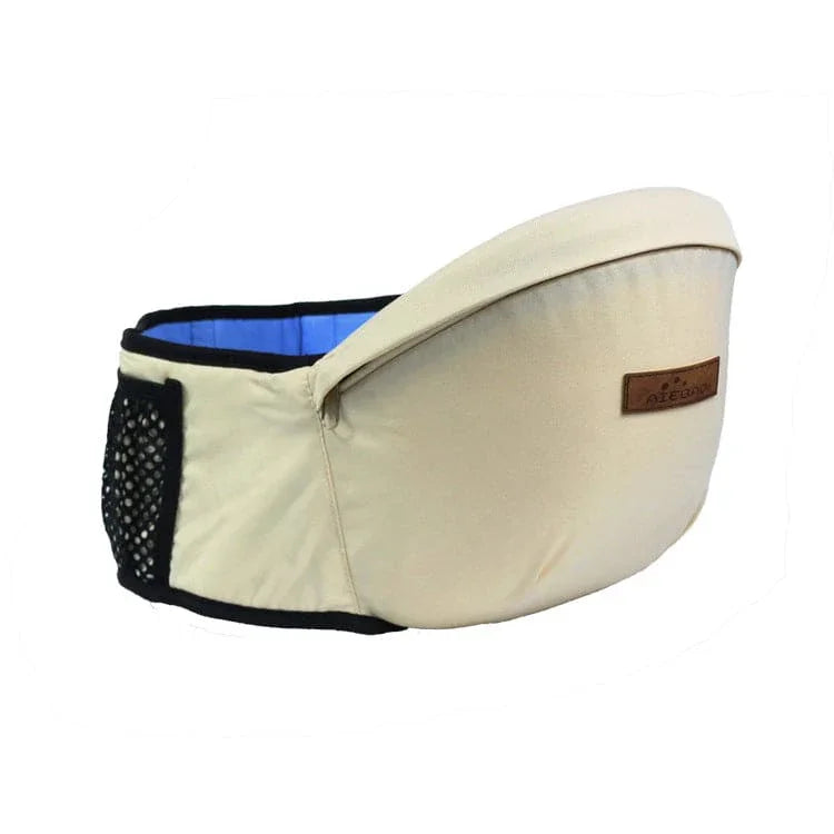 Beige and blue baby hip seat carrier with black mesh pocket and brown logo patch