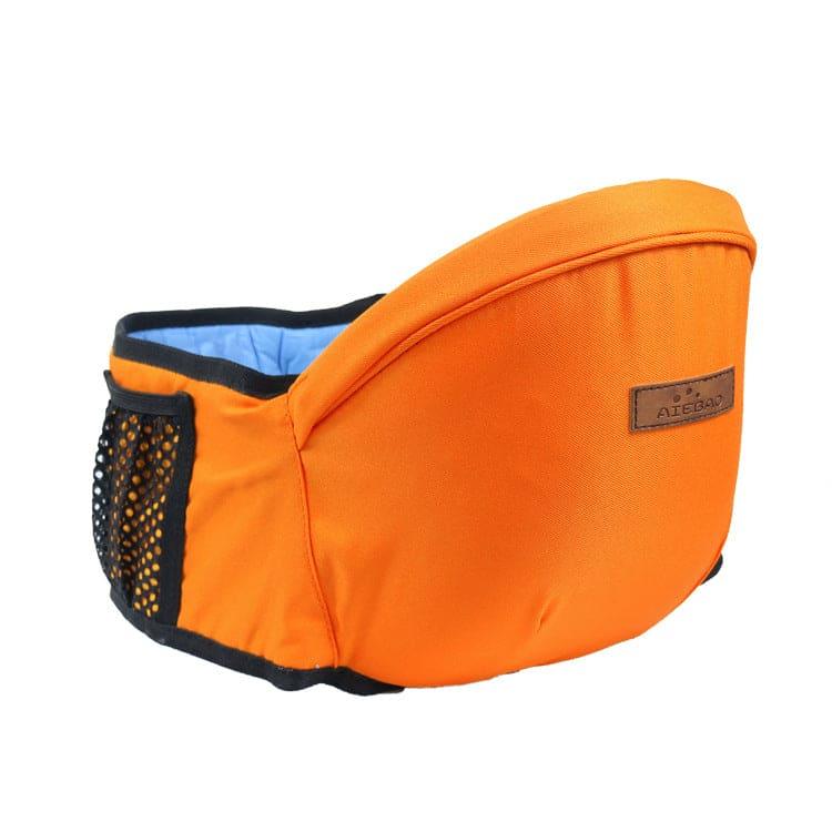 Orange baby hip seat carrier with blue interior and black mesh side pocket, leather logo patch