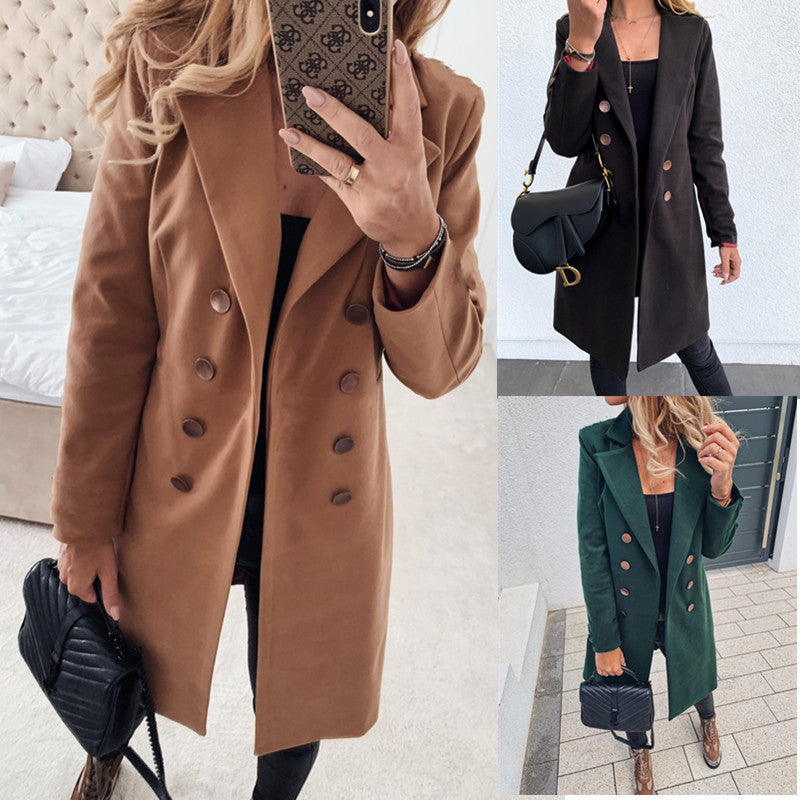 NEW Solid color double breasted woolen coat