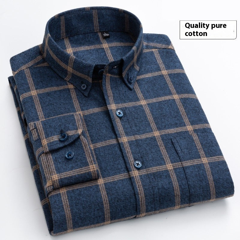 Folded navy blue plaid shirt with beige check pattern made of quality pure cotton