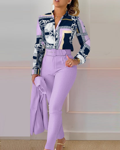 NEW Printed Long-sleeved Top Solid Color Pants Suit With Belt