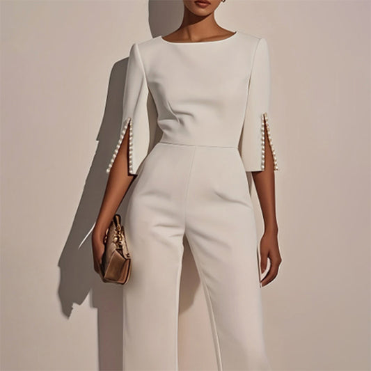 Women’s Elegant Pearl-Detail Jumpsuit – Round Neck, Mid-Sleeve, Back Zipper, Slim Fit One-Piece