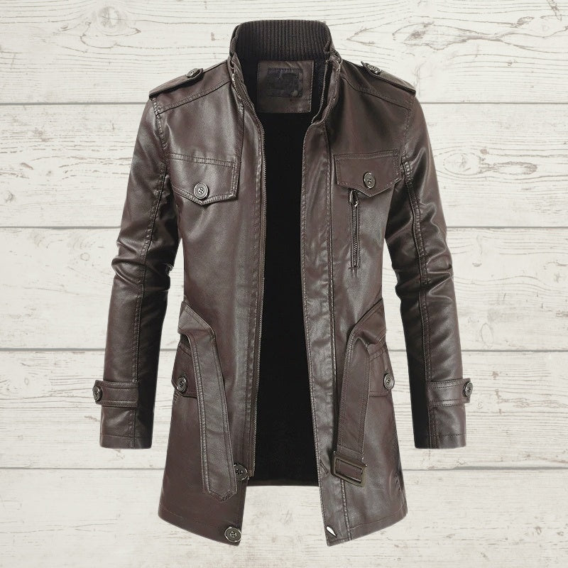 Men’s Urban PU Leather Long Jacket – Stand Collar Zipper Coat (L–4XL)