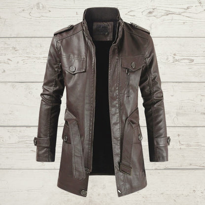Men’s Urban PU Leather Long Jacket – Stand Collar Zipper Coat (L–4XL)