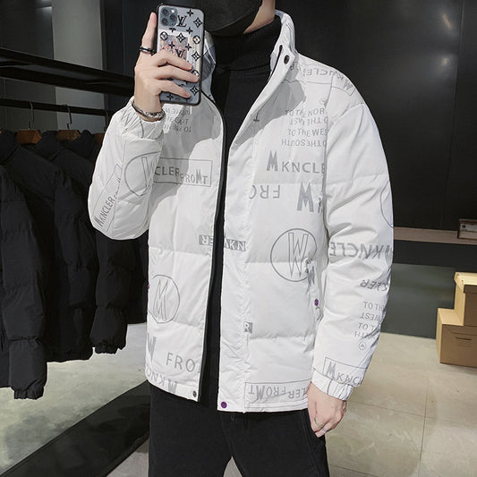 Man wearing white printed padded jacket with black turtleneck, holding phone with Louis Vuitton case
