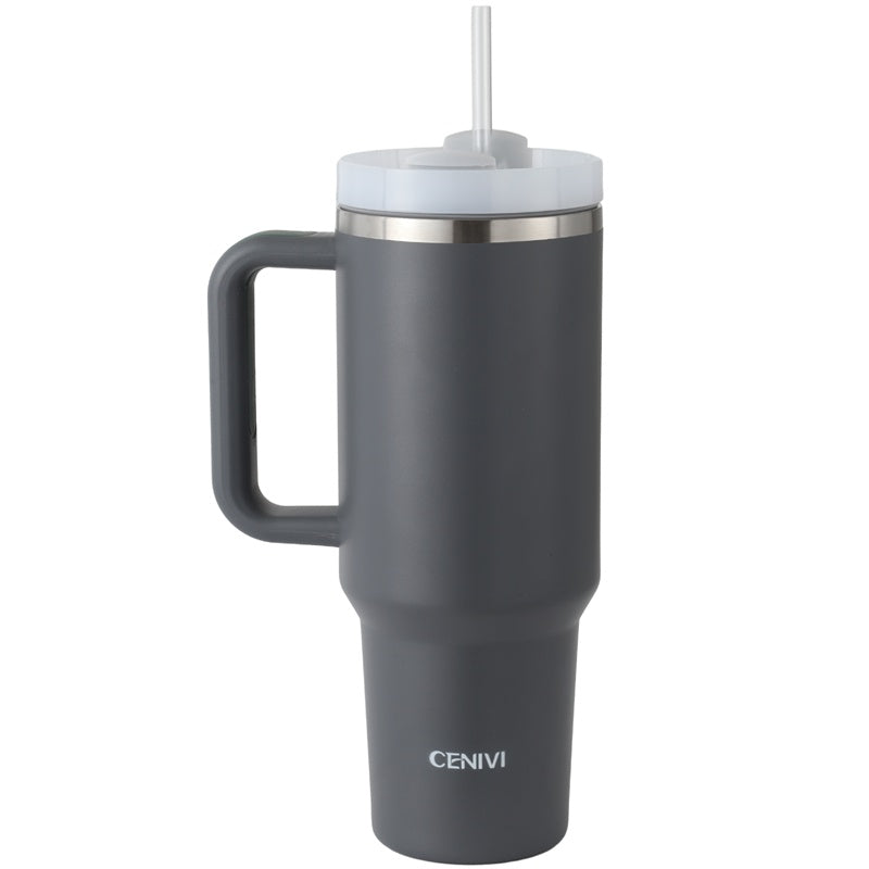 gray insulated travel mug with handle, clear lid, and straw by CENIVI