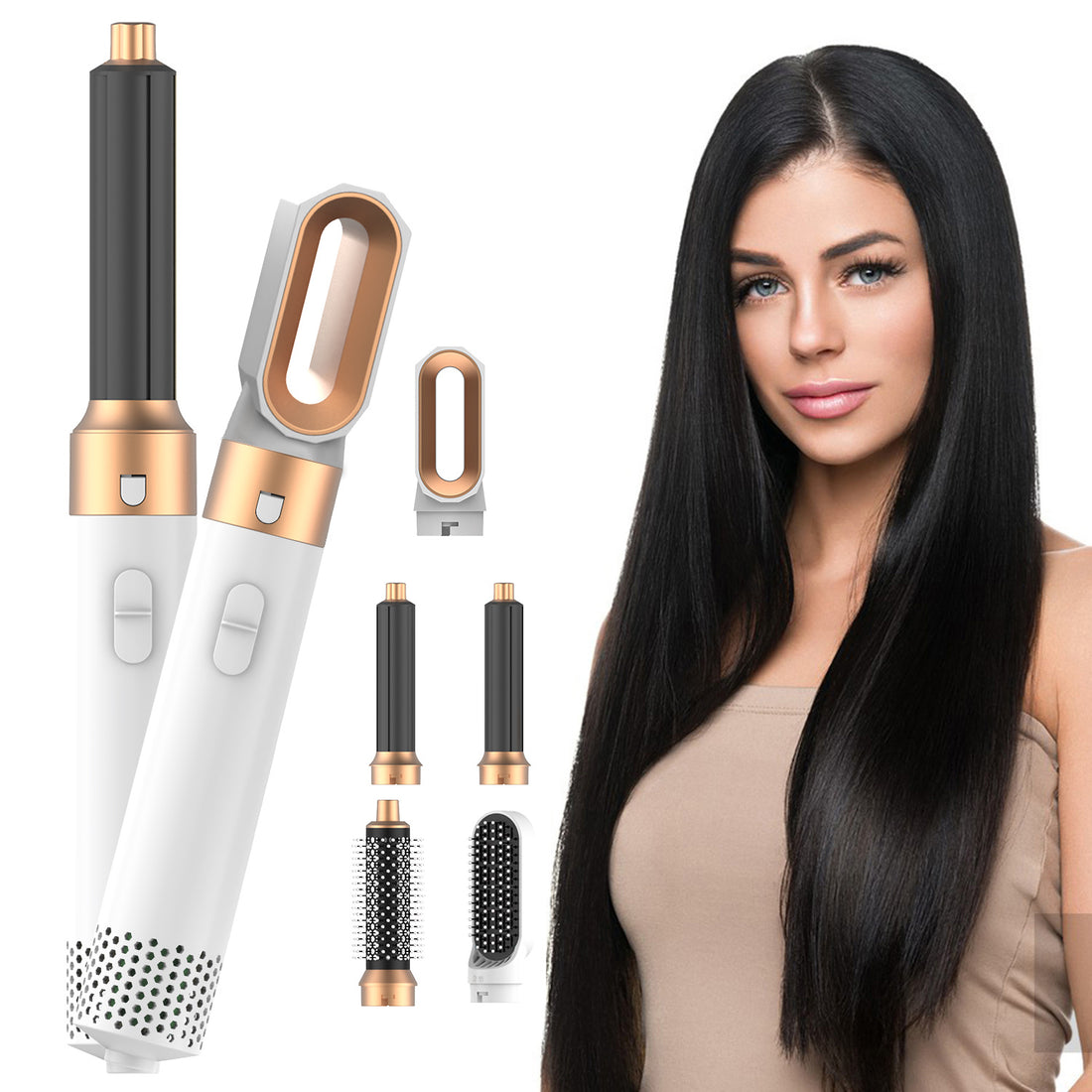 NEW Hair Dryer Brush, Hot Air Brush, 5 In 1 Blow Dryer Brush For Drying Straightening Curling Volumizing Multi Hair Style, White Gold