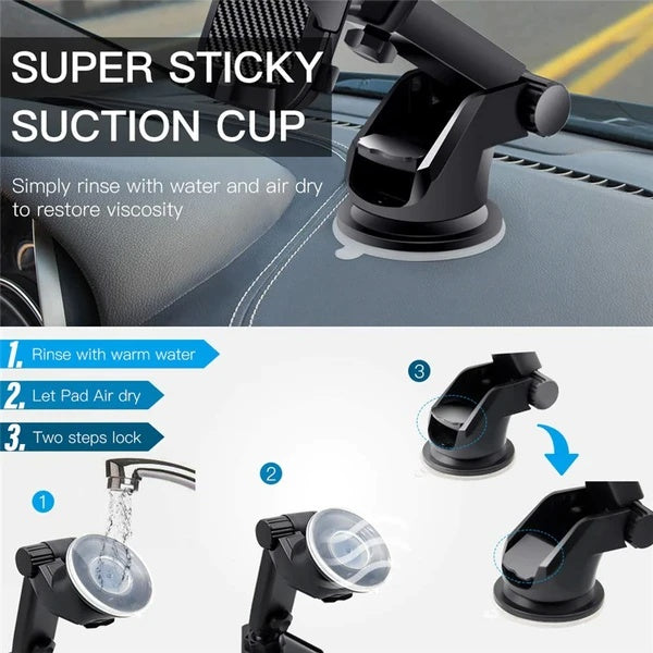 Super sticky suction cup car mount on dashboard with instructions to rinse and air dry to restore stickiness