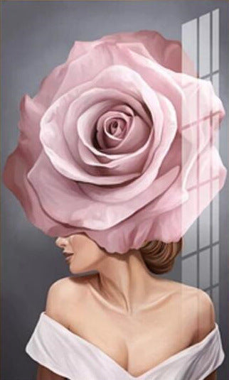Woman portrait with a large pink rose covering her head, soft lighting and elegant off-shoulder white dress