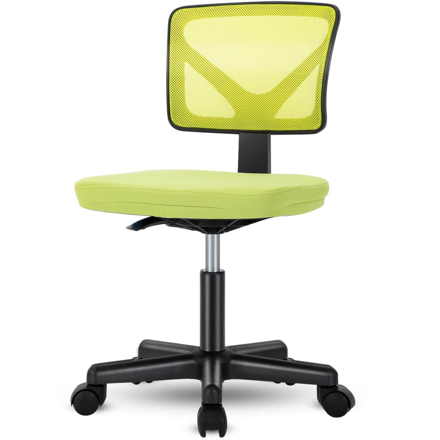 Green mesh office chair with cushioned seat and black adjustable base on casters