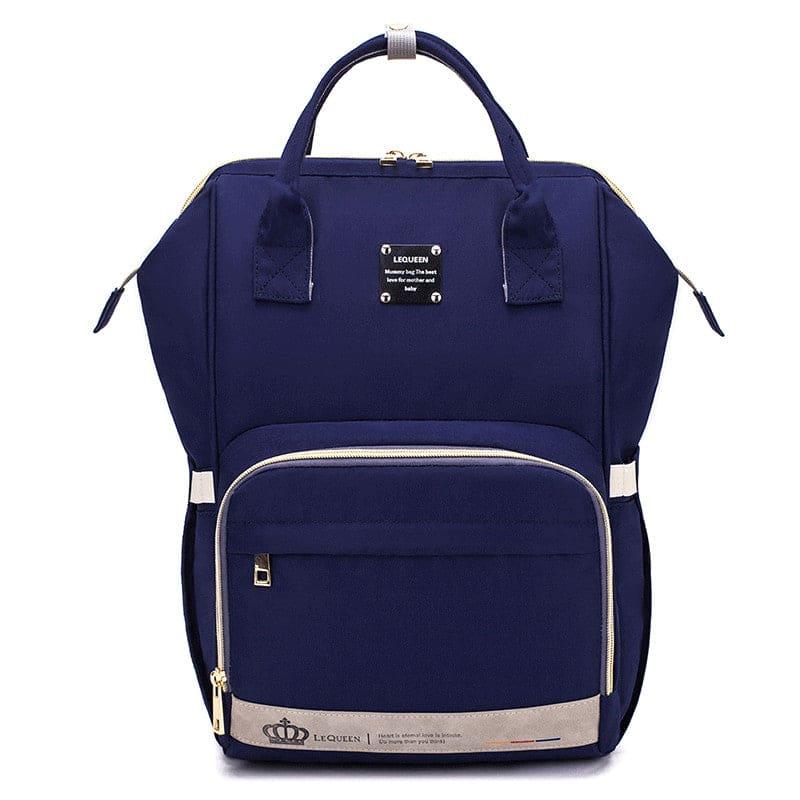 Navy blue Lequeen diaper backpack with front zipper pocket and top handles