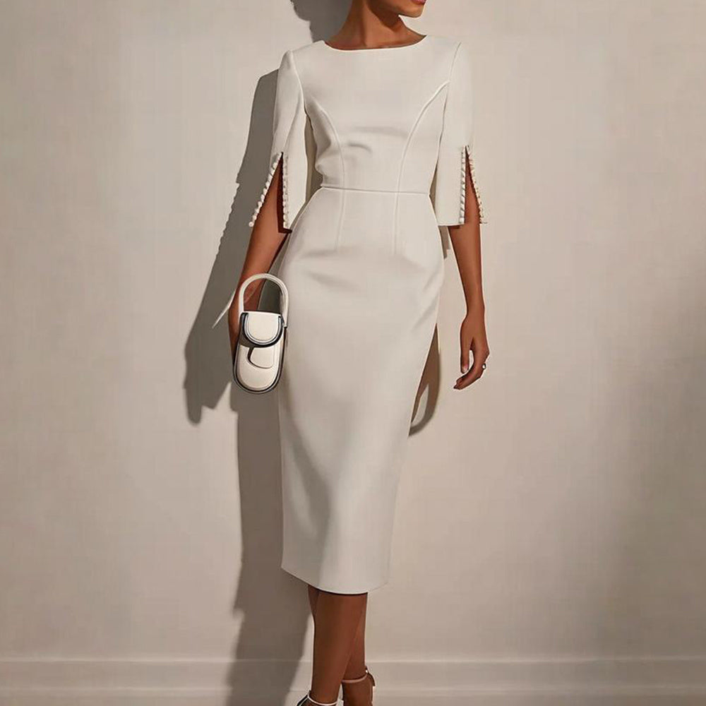 Elegant Pearl-Embellished Formal Dress for Women – Flattering Round Neck, Slit Sleeves & Seamless Back Zipper