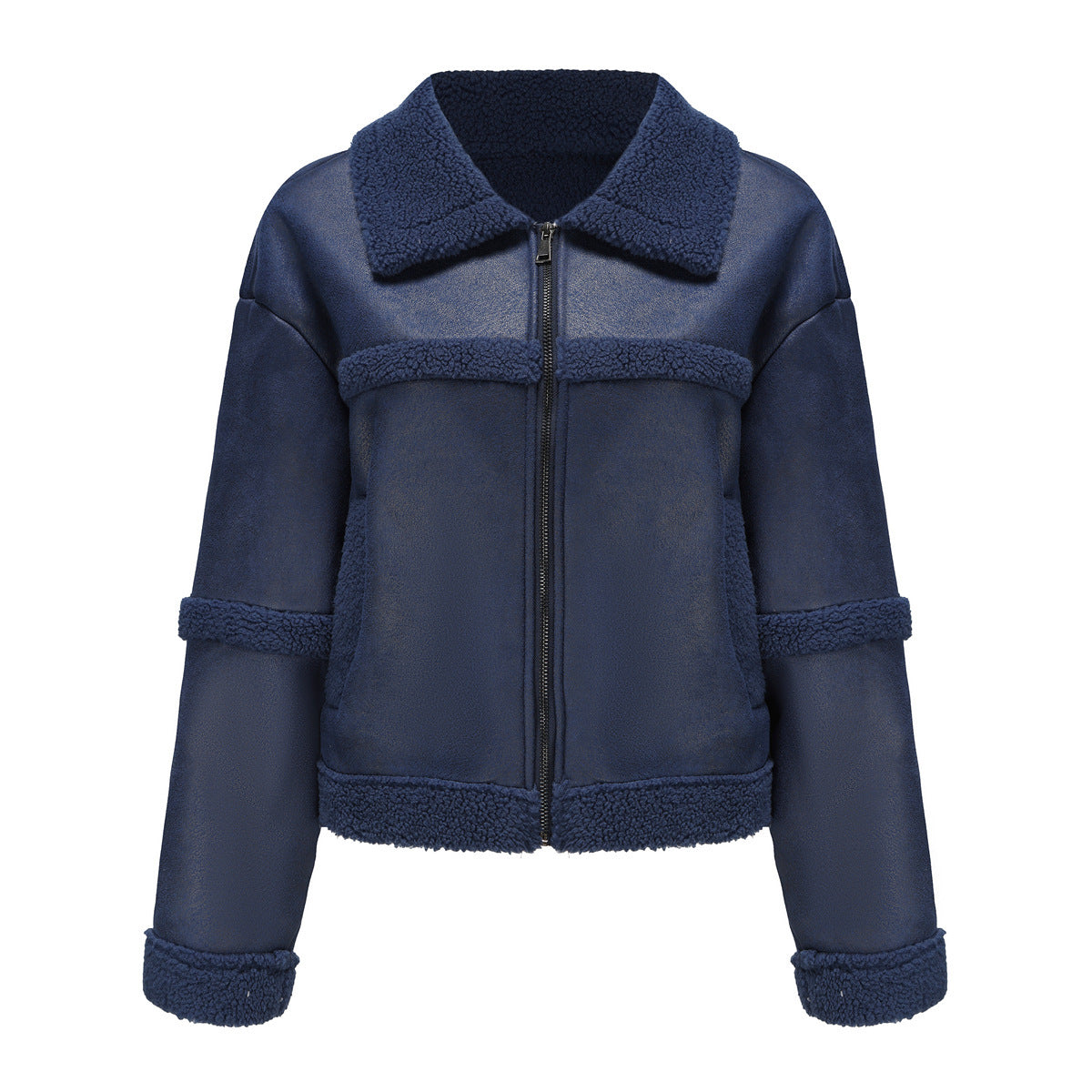 Navy blue faux shearling jacket with plush collar, cuffs, and zipper closure