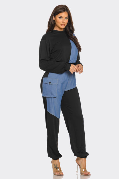 French Terry Color Block Denim Detail Top Pockets Pants Set