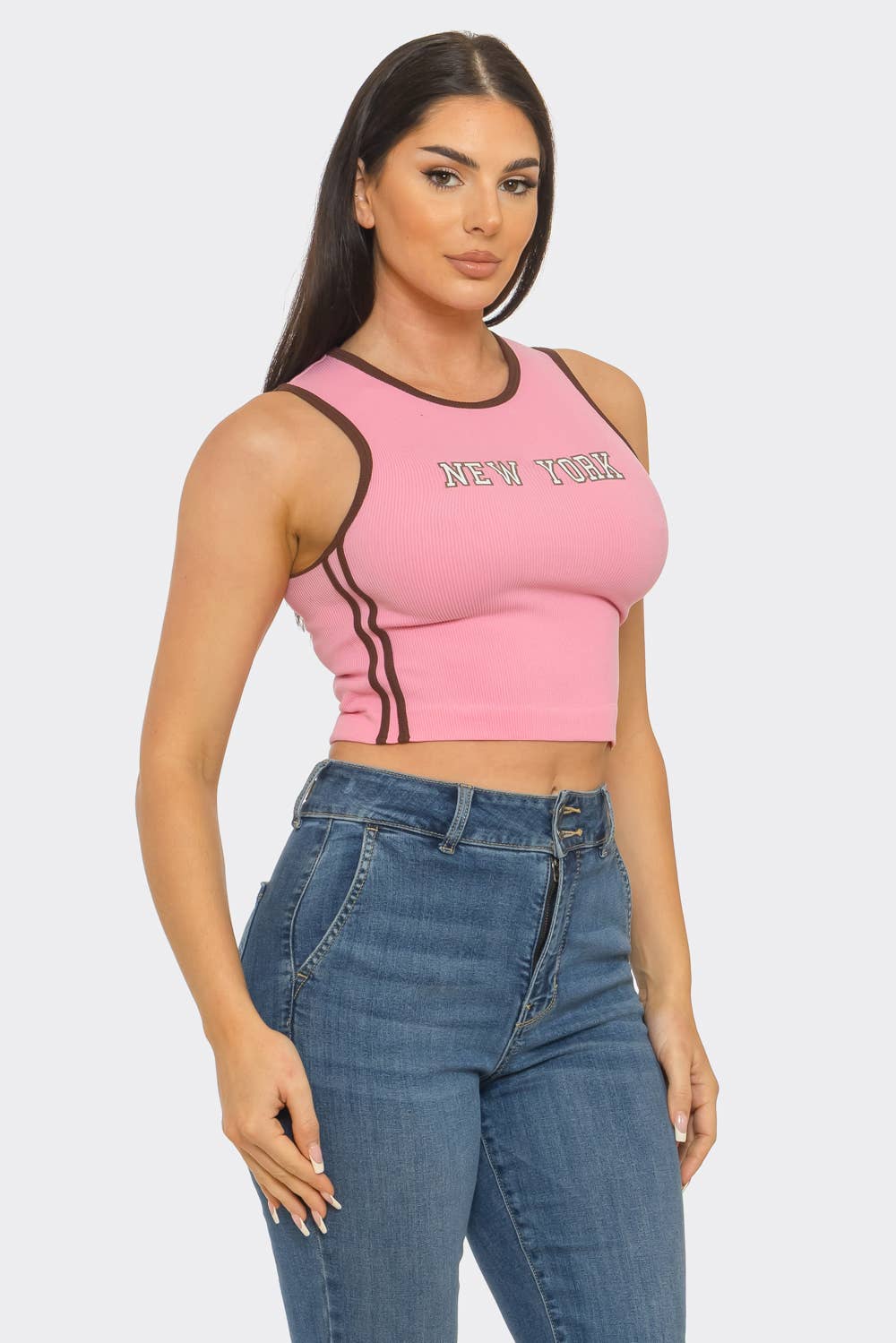 Seamless "New York" Screen Print Side Stripes Top