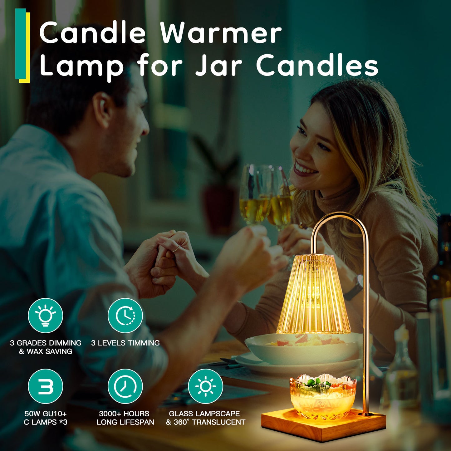 Couple enjoying dinner with warm glowing candle warmer lamp for jar candles on table
