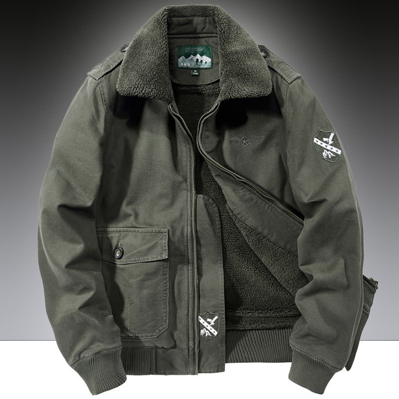 Men's army green bomber jacket with fleece lining, buttoned pocket, and embroidered patches