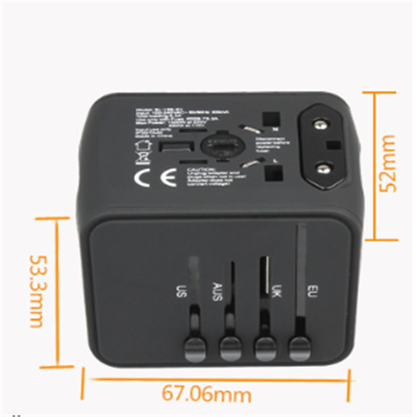 Black universal travel adapter with US, AUS, UK, EU plugs and dimension markings