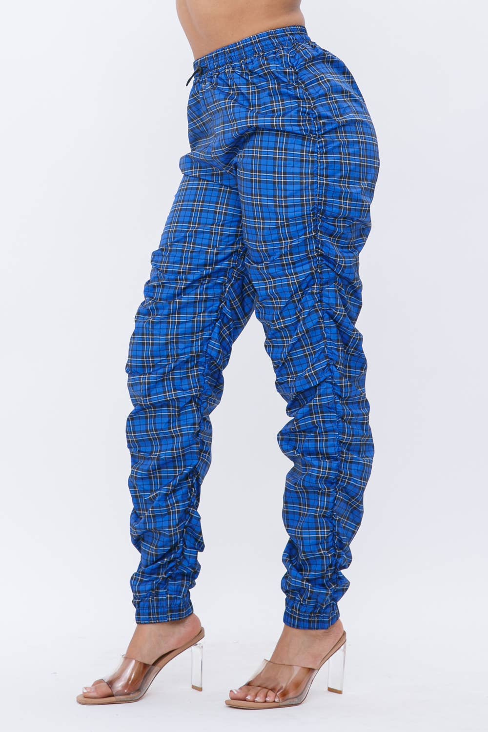 Plaid Print Wind Breaker Drawstring Shirring Jogger Pants