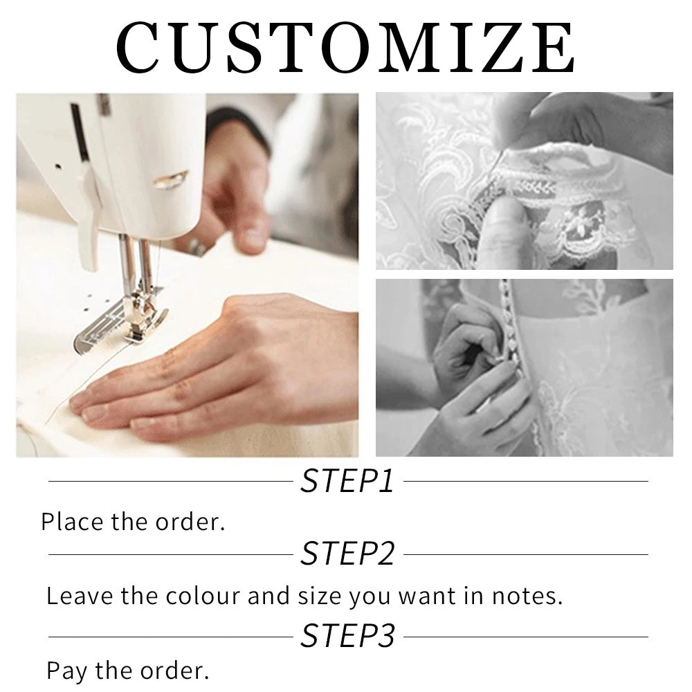 Custom tailoring process showing sewing machine, hand stitching lace, and buttoning lace garment