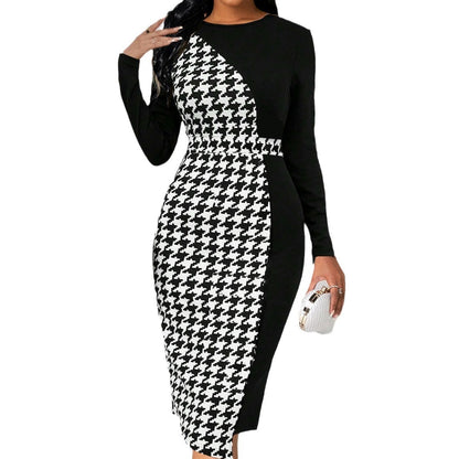 NEW Houndstooth Long Sleeve Elegant Style Sheath Dress