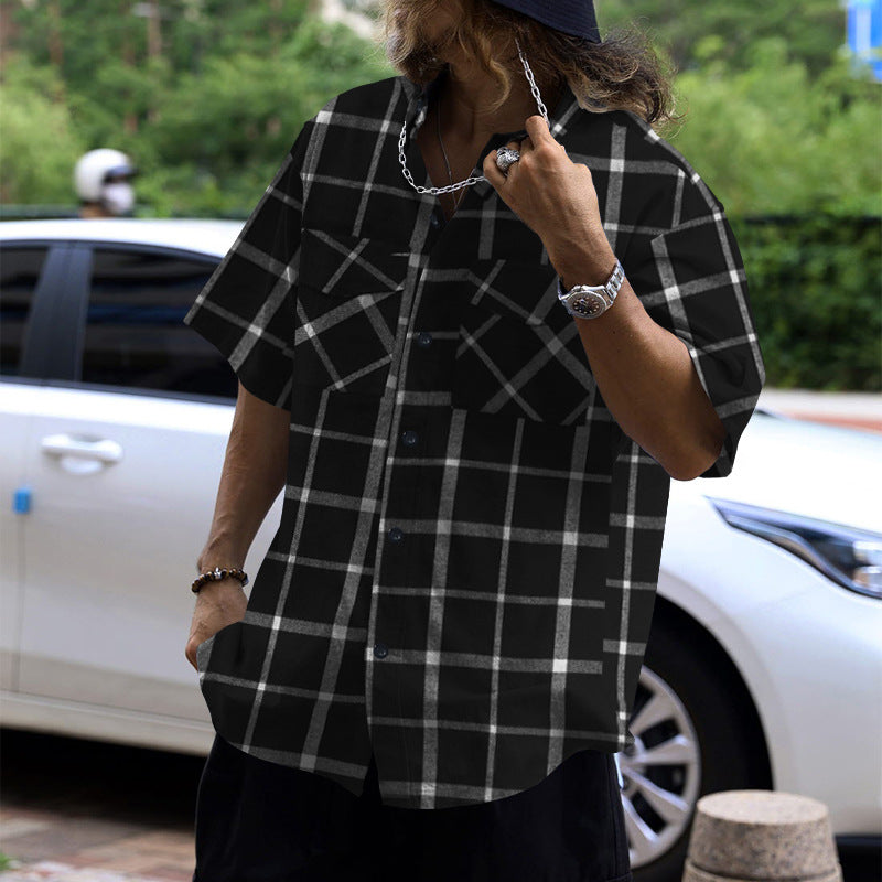 Trendy Checkered Patchwork Button-up Casual Sport Short Sleeve Shirt