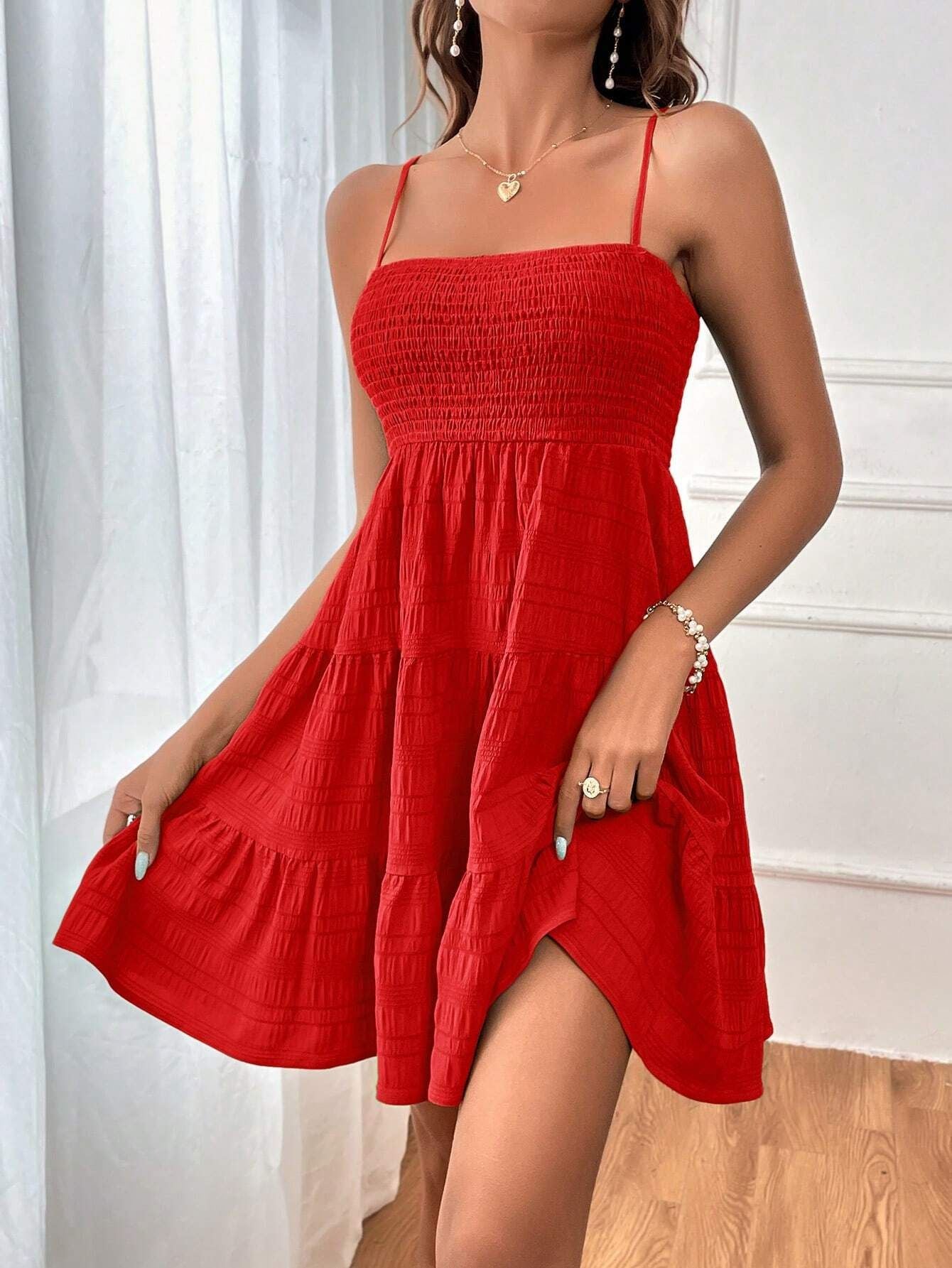 NEW Summer Square-collar Suspender Pleated Dress Fashion Solid Color Beach Dresses For Womens Clothing
