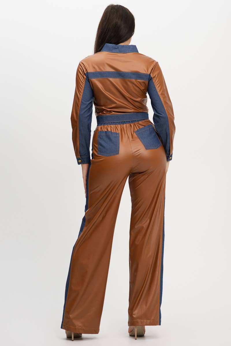 Pu Fabric Denim Contrast Jackets And Pants Set