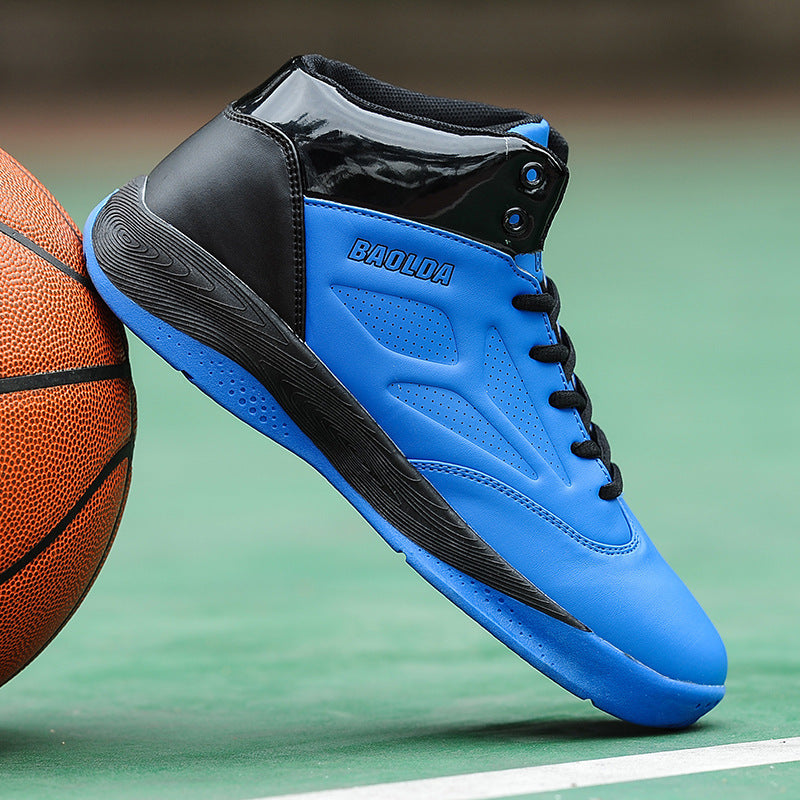 Blue and black BAOLDA basketball shoe on green court next to orange basketball