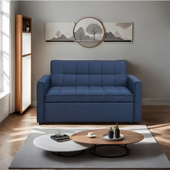 NEW Stylish Blue Pull-Out Sofa Bed With Woven Polyester Fabric &amp; Solid Wood Frame