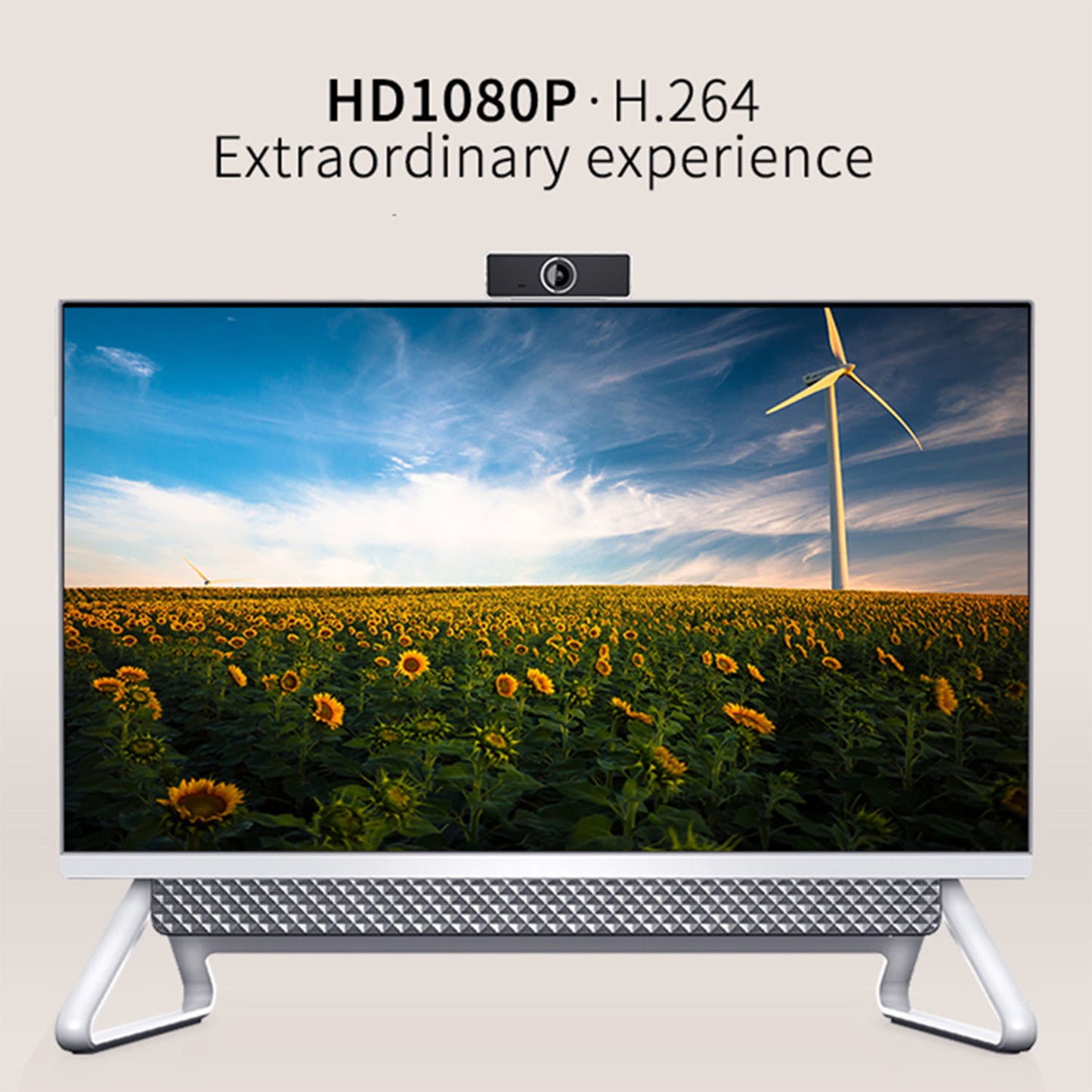 HD1080P monitor displaying sunflower field and wind turbine with H.264 video encoding text