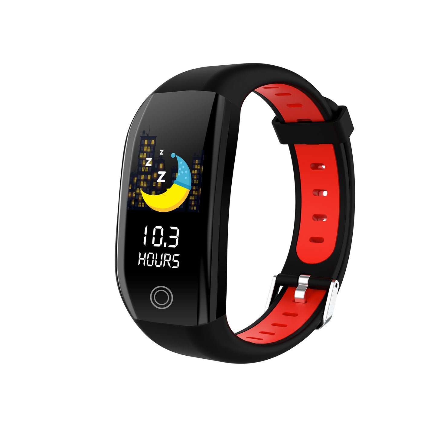 Black and red fitness tracker showing 10.3 hours of sleep with moon and zzz icons on screen