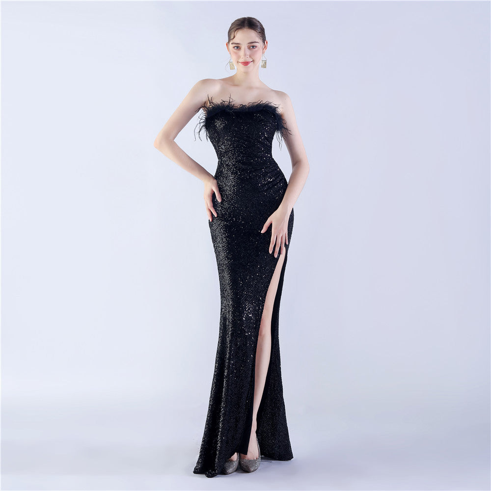 NEW Ostrich Feather Shrink Folding Wrinkle Craft Host High-end Evening Dress