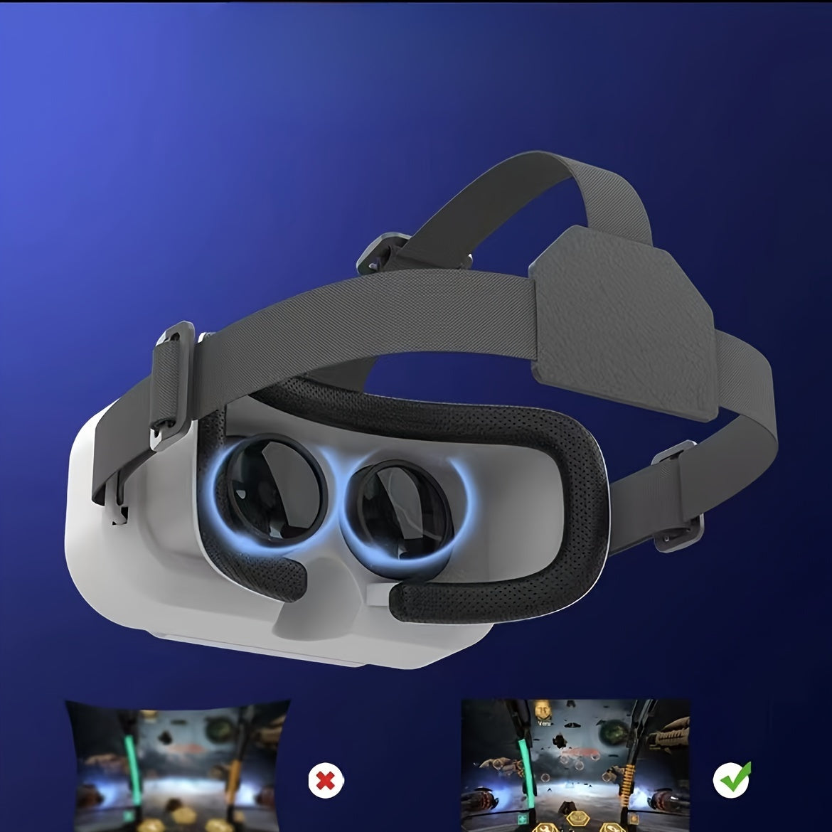 White VR headset with black adjustable straps and glowing lenses on blue background