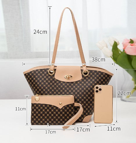 Brown and beige patterned tote bag with matching wallet and smartphone, dimensions labeled